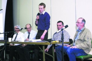 Peter Gallagher, who chaired the meeting speaking with from left Norman Fulton Head of Policy Division DARD John Sheridan Joe Parker and Brian Phair from the SDA Support-Group