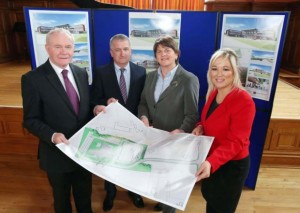 Pictured (from left-right) are; deputy First Minister Martin McGuinness, Trevor Turkington, Chief Executive of JH Turkington and Sons, First Minister Arlene Foster and Agriculture Minister Michelle O'Neill.Photo Kelvin Boyes / Press Eye